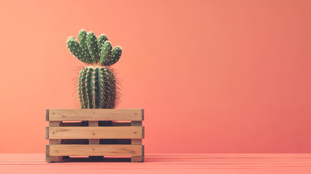 "A small cactus placed in a wooden pallet against a coral-colored background, embodying a minimalist aesthetic. This setup highlights tropical nature plant ideas, blending simplicity