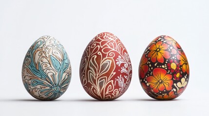 "Three intricately decorated eggs with detailed patterns in white and gold on brown, white on purple, and gold on dark brown backgrounds, showcasing traditional artistic designs."