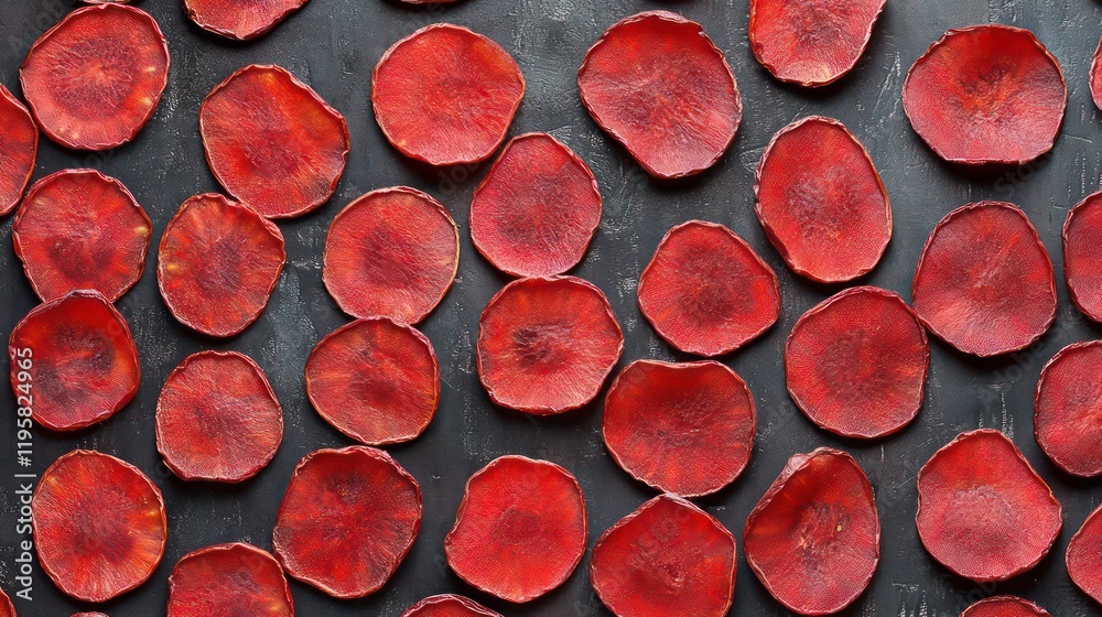 Poster close-up view of numerous thin, dehydrated beetroot slices arranged on a dark surface.