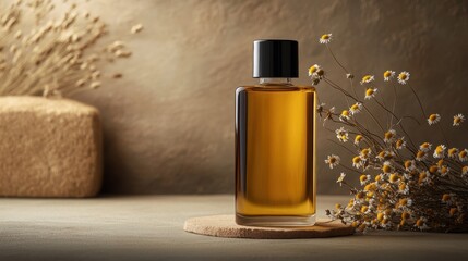 chamomile oil bottle in rustic setting with dried flowers and earthy tones, natural remedy concept background