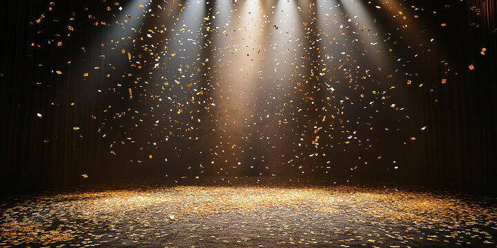 Golden confetti cascading under a bright spotlight on a dark stage, with shimmering particles reflecting warm light, evoking a joyous and festive celebration ambiance