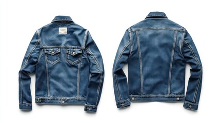 Blue denim jacket, front and back view, isolated on white background.