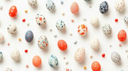 A collection of colorful, intricately decorated eggs arranged in a grid pattern on a white background. The eggs feature various patterns, including polka dots, stripes, and abstract designs