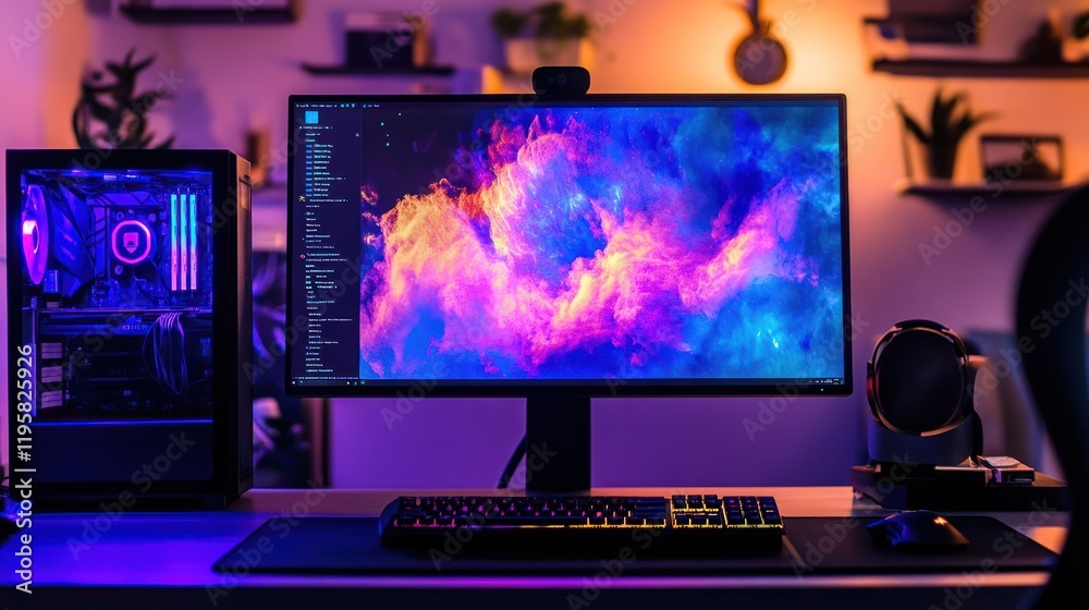 Poster Vibrant Gaming Setup With Computer Tower And Monitor