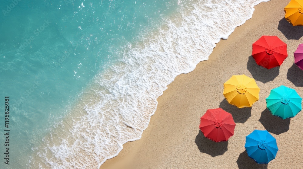 Poster aerial view of a tropical beach with colorful umbrellas casting shadows on the sand, waves gently wa