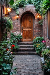 Fototapeta premium A delightful brick pathway meanders its way toward a rustic wooden door, beautifully framed by a stunning display of vibrant flowers and lush greenery.