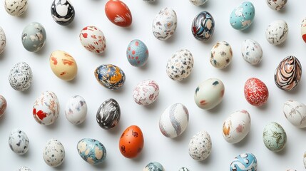 A collection of colorful, intricately decorated eggs arranged in a grid pattern on a white background. The eggs feature various patterns, including polka dots, stripes, and abstract designs