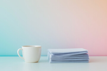 Minimalist White Desk: Blank Coffee Cup, Simple Workspace, Clean Office, Modern Design,             