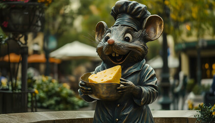 Funny statue of a mouse holding a piece of cheese, wearing a chefa??s hat, looking ready to cook up something big in the middle of the street