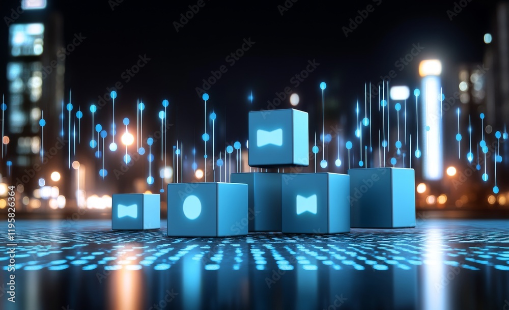 Aufkleber blockchain information circulates through digital global networks. 3d illustration depicting data ce
