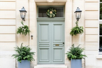 An elegant light blue door, beautifully complemented by lush greenery and a seasonal wreath, enhances the charm of its urban surroundings