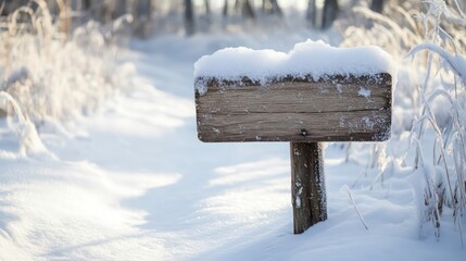 Naklejka premium Blank wooden signpost covered in snow in a snowy winter landscape.