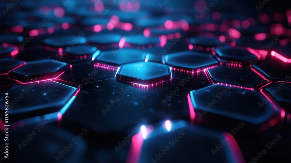 Poster abstract hexagon pattern illuminated with neon blue and pink lights