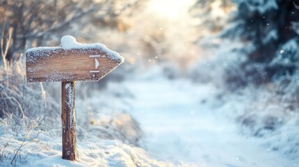 Snowy winter path with wooden arrow sign pointing right, indicating direction.