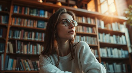 A woman wearing glasses sitting in front of a bookshelf in a library