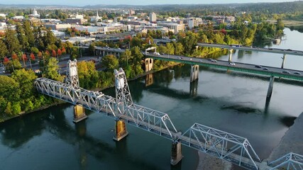 Salem Oregon Union Street Railroad Bridge Aerial Drone Video Willamette River City View