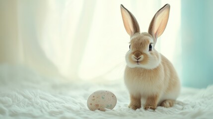 Obraz premium A fluffy rabbit with large ears is sitting upright on a plain background. To the left of the rabbit, there is a small, decorated egg. The rabbit's fur is light brown with white accents, and the egg