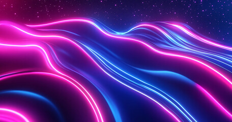 Obraz premium Abstract neon waves in vivid shades of pink, blue, and purple ripple across a dark cosmic backdrop filled with shimmering stars, evoking a futuristic and sci-fi visual atmosphere