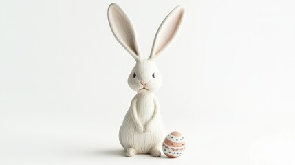 Obraz premium A fluffy rabbit with large ears is sitting upright on a plain background. To the left of the rabbit, there is a small, decorated egg. The rabbit's fur is light brown with white accents, and the egg