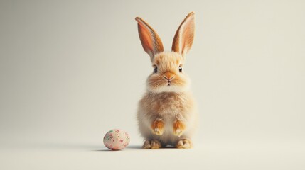 A fluffy rabbit with large ears is sitting upright on a plain background. To the left of the rabbit, there is a small, decorated egg. The rabbit's fur is light brown with white accents, and the egg