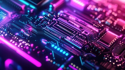 Obraz premium Neon Illuminated Circuit Board Technology Close Up