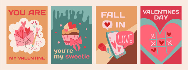 Cartoon posters for Valentine's Day February 14 in retro 90's style. Romantic elements, love envelope, valentine, hearts, love, gifts. Set of vector stickers in pastel colors.
