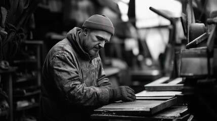 Shoemaker carefully examining a piece of leather in his workshop