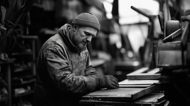 Shoemaker carefully examining a piece of leather in his workshop