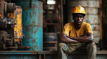 Portrait of african american factory worker taking a break after his work shift in a dirty and rusty metal industry
