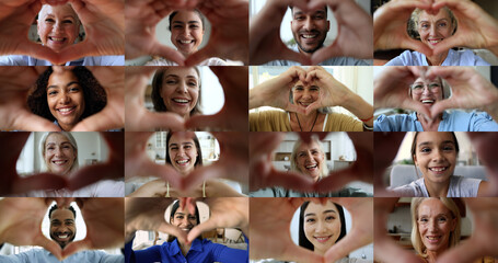 E-date e-services for singles, medical insurance, dental clinic professional services advertisement. Collage of smiling faces of different people showing symbol of love, express affection feel happy