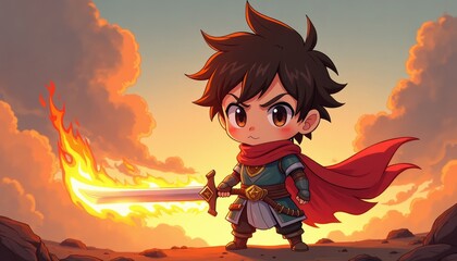 4K HD Wallpaper of Anime chibi character with a flaming sword, standing ready for an epic adventure. Anime Background. HD Backgrounds