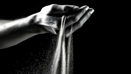 Conceptual image: Sand slipping through fingers highlights the fleeting nature of moments and memories. The delicate grains of sand symbolize time, highlighting the inevitability of change and loss.