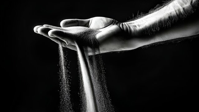 Conceptual image: Sand slipping through fingers highlights the fleeting nature of moments and memories. The delicate grains of sand symbolize time, highlighting the inevitability of change and loss.