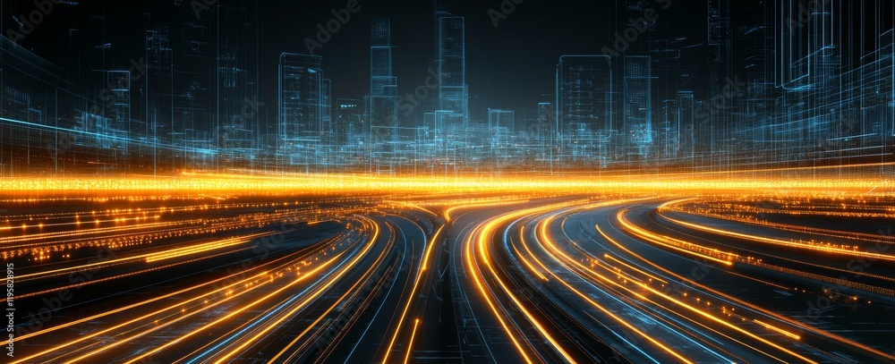 Poster digital stream flows in the vast landscape of big data. high-speed internet and worldwide digital tr