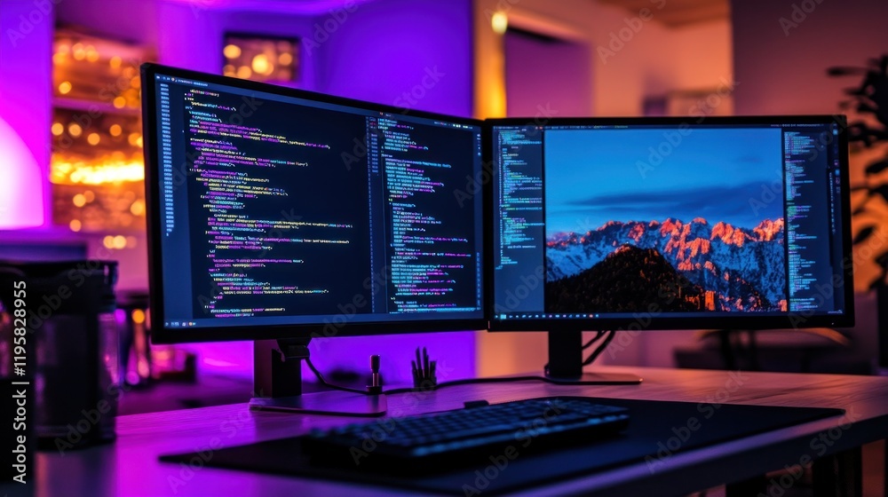 Poster dual monitors displaying code and mountain landscape