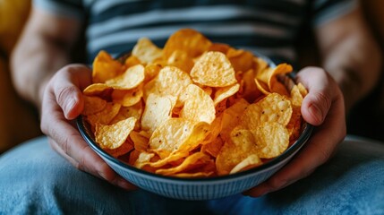 Person holding a bowl of crunchy tortilla chips