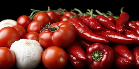 A vibrant assortment of fresh red vegetables, including tomatoes, peppers, and garlic, contrasts vividly against a dark backdrop.