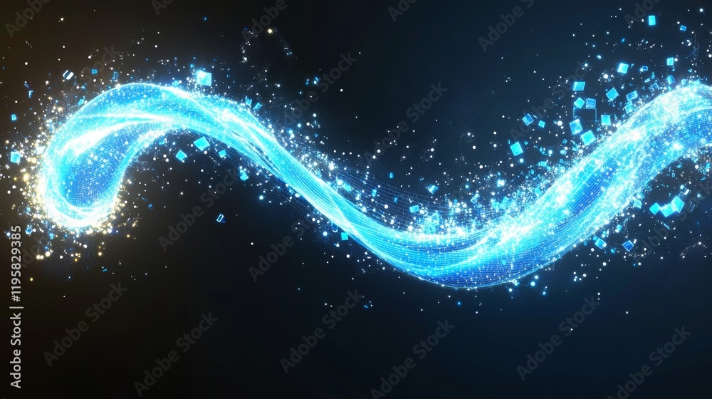 Poster artificial neural network combined with the cyber field of wavy particles in a high-tech 3d illustra