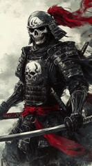 Fototapeta premium Concept art of an old samurai wearing full plate armor with a red sash, a skull motif on the helmet, and a sword in hand