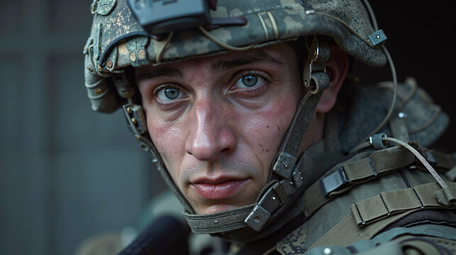 A close up of a soldier wearing a helmet