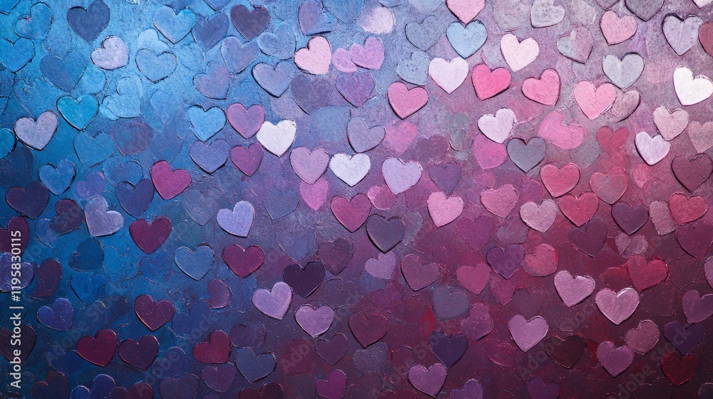 Poster romantic background showing many small hearts in shades of purple and blue, creating a dreamy and lo