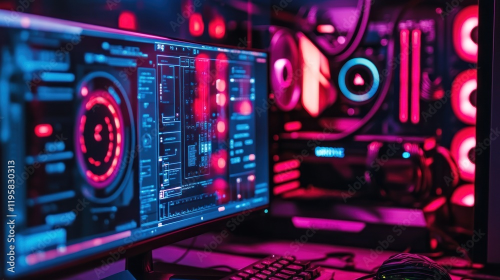 Poster vibrant neon lit gaming computer setup display