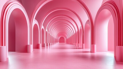 Fototapeta premium Pink Arches: An endless and hypnotic perspective of repeating pink arches and columns creates a surreal and captivating dreamscape.