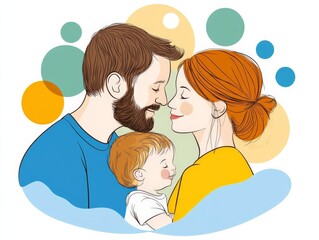 Loving family moment with parents embracing their child in a bright playful composition with colorful circular accents highlighting joy unity and the happiness of family life