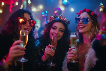 Group of friends toast with champagne glasses while enjoying a lively theme party. Colorful lights create a festive atmosphere as they share laughter and fun