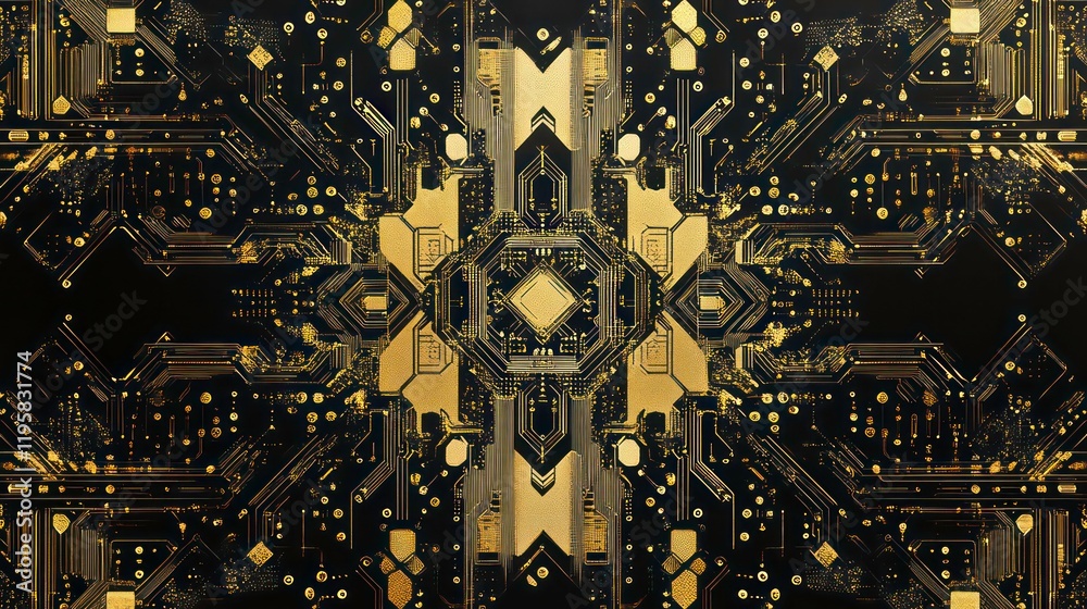 Aufkleber symmetrical golden circuit board design, abstract technological background.
