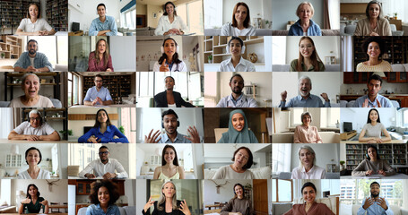 Lot of people take part in video conference talk using application. Modern tech usage for on-line communication, business teleconference, e-learning, pleasant conversation of young and mature people