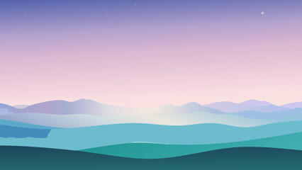 Expansive landscape view with soft pastel hues at dawn over rolling hills and distant mountains