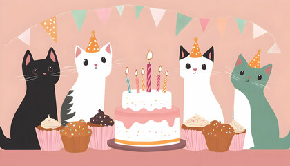 Group of cats celebrating a birthday with a birthday cake and muffins
