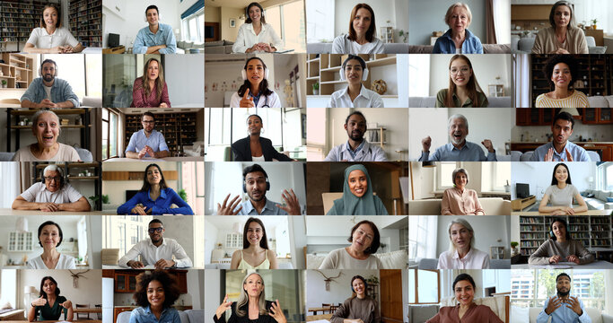 Lot of people take part in video conference talk using application. Modern tech usage for on-line communication, business teleconference, e-learning, pleasant conversation of young and mature people